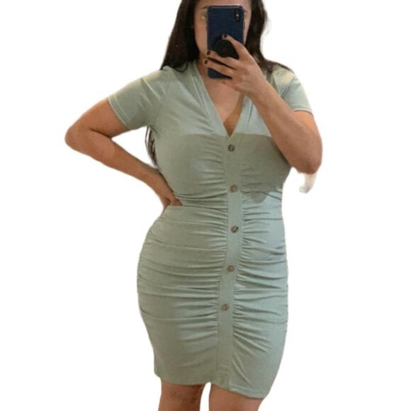 SHEIN Essnce Button Front Ruched Dress Size Large in Mint Green - Picture 9 of 12